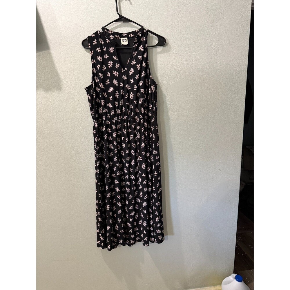 Anne Klein Women`s Elegant Black Floral V-Neck Sleeveless Midi Dress Sz. 12 MINT